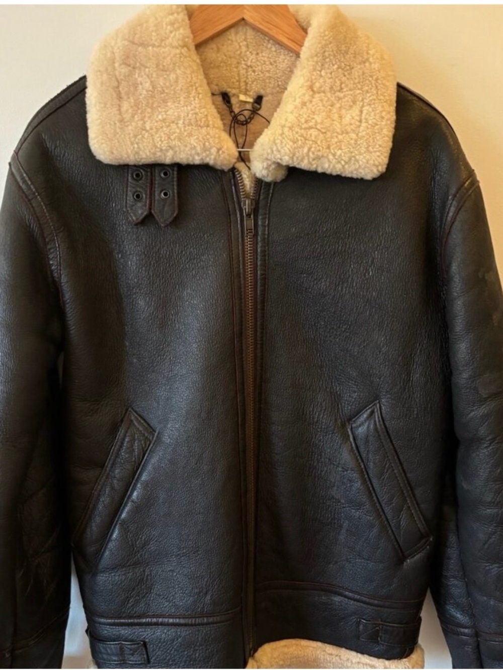 Vintage Dark Brown Leather Bomber Jacket with Cream Shearling Collar